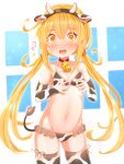  1girl absurdres animal_print bell bell_collar bikini blonde_hair breasts collar cow_horns cow_print cow_tail elbow_gloves gloves highres horns kantai_collection long_hair satsuki_(kantai_collection) small_breasts suzushiro_(gripen39) swimsuit tail thigh-highs twintails yellow_eyes 