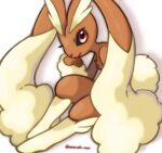  1girl artist_name black_sclera blush body_fur brown_fur closed_mouth colored_sclera commentary furry gen_4_pokemon hand_up happy light_blush lopunny pokemon pokemon_(creature) red_eyes rorosuke simple_background sitting smile solo twitter_username white_background white_fur 