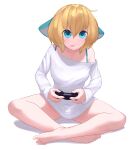  1girl :p absurdres animal_ears bare_legs barefoot blonde_hair blue_eyes closed_mouth commentary commission controller copyright_request crossed_legs english_commentary full_body game_controller hair_between_eyes highres holding holding_controller holding_game_controller looking_at_viewer medium_hair off_shoulder shirt simple_background sitting solo tongue tongue_out white_background white_shirt yoako 