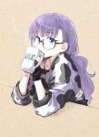  1girl animal_print bangs black_gloves blue_eyes breasts coffeekite contemporary cow_print cup drinking fate/extra fate/extra_ccc fate_(series) glasses gloves hair_ornament hairclip highres long_hair long_sleeves looking_at_viewer meltryllis mug partially_fingerless_gloves ponytail purple_hair shirt small_breasts very_long_hair white_shirt 