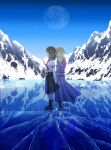  2girls blonde_hair bow brown_hair dress erisauria frozen_lake highres lake landscape maribel_hearn moon mountain multiple_girls nature necktie no_hat no_headwear outdoors purple_dress ribbon scenery shattered snow star_(sky) touhou usami_renko winter 