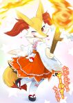  blush bow braixen commentary_request fang fire fox fox_tail furry gen_6_pokemon heart highres japanese_clothes kame_(3t) miko no_humans open_mouth poke_ball_symbol pokemon red_eyes solo stick tail translation_request 