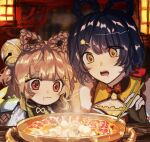  2girls bangs bare_shoulders blue_hair blurry blurry_background bowl brown_hair china_dress chinese_clothes chopsticks closed_mouth dress drooling eyebrows_visible_through_hair food genshin_impact hair_ornament hair_rings hairclip highres holding holding_chopsticks looking_at_food mouth_drool multiple_girls open_mouth qiqi_(999sleepy) red_eyes short_hair sleeveless xiangling_(genshin_impact) yaoyao_(genshin_impact) yellow_eyes 