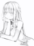  1girl arm_support bare_shoulders dress greyscale head_rest highres long_hair looking_at_viewer marshmallow-chan_(nanashi) monochrome nanashi_(nlo) original parted_lips simple_background solo white_background 