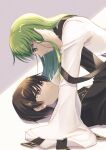  1boy 1girl black_hair black_jacket brown_eyes c.c. code_geass couple eye_contact girl_on_top green_hair grey_background hand_in_another&#039;s_hair jacket lelouch_lamperouge long_hair long_sleeves looking_at_another lying nanase_(nns_6077) on_back parted_lips profile shiny shiny_hair short_hair sleeves_past_fingers sleeves_past_wrists two-tone_background violet_eyes white_background 