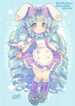  1girl :o animal animal_ears animal_slippers apron aruya_(flosrota) bangs blue_bow blush bow bunny_slippers commission drill_hair eyebrows_visible_through_hair frilled_apron frilled_skirt frills full_body green_eyes green_footwear green_hair hair_bow kneehighs long_hair looking_at_viewer original parted_lips pleated_skirt puffy_short_sleeves puffy_sleeves purple_bow purple_legwear purple_skirt rabbit rabbit_ears ribbed_legwear shirt short_sleeves sidelocks skeb_commission skirt slippers solo striped striped_background suspender_skirt suspenders vertical_stripes very_long_hair white_apron white_shirt wrist_cuffs 