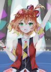  1girl arm_strap armpits blush bow bracelet breasts clenched_hand freyja_wion green_eyes hair_between_eyes hair_bow hair_ornament heart heart_hair_ornament highres idol idol_clothes jewelry macross macross_delta orange_hair red_bow short_hair side_ponytail small_breasts solo yoru_usagi 