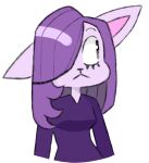  1girl animal_ears animal_nose arms_at_sides bangs body_fur breasts cat_ears cat_girl closed_mouth commentary cropped_torso english_commentary furry grey_eyes hair_over_one_eye highres long_hair long_sleeves looking_away looking_to_the_side medium_breasts one_eye_covered original purple_fur purple_hair rabbit_ears rabbit_girl roxlyn166 shiny shiny_hair sideways_glance solo swept_bangs v-neck 