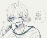  1boy ;) amami_rantarou bangs dangan_ronpa_(series) dangan_ronpa_v3:_killing_harmony eyebrows_visible_through_hair flower flower_in_mouth hand_on_own_cheek hand_on_own_face jewelry looking_at_viewer male_focus messy_hair mouth_hold necklace one_eye_closed open_mouth raonal97 rose saihara_shuuichi shirt sketch smile solo_focus spoken_character striped striped_shirt upper_body 