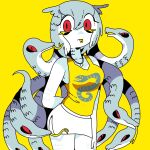  1girl arm_behind_back forked_tongue gorgon grey_hair highres jewelry living_hair long_hair looking_at_viewer necklace original panapana print_shirt red_eyes scales shirt simple_background skirt snake snake_hair solo tank_top tongue tongue_out very_long_hair white_skirt yellow_background yellow_tank_top 