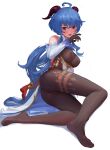  1girl arm_support ass bangs bare_legs bare_shoulders black_gloves blue_hair blush breasts covered_nipples d8800880 detached_sleeves eyebrows_visible_through_hair feet flower_knot full_body ganyu_(genshin_impact) genshin_impact gloves highres horns legs long_hair long_sleeves looking_at_viewer low_ponytail medium_breasts parted_lips red_eyes red_lips red_ribbon ribbon sidelocks simple_background solo tassel very_long_hair white_background 