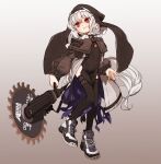  1girl amonitto arknights black_legwear blush chain_necklace circular_saw clothing_cutout fingernails flat_chest full_body grey_hair habit holding holding_weapon long_sleeves pelvic_curtain puffy_long_sleeves puffy_sleeves purple_nails red_eyes shoes short_hair slit_pupils sneakers solo specter_(arknights) tail thigh-highs thigh_cutout thigh_strap weapon 