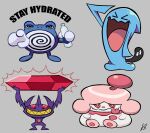  &gt;_&lt; aqua_skin blue_skin bottle closed_eyes colored_skin commentary creature english_commentary english_text full_body gen_1_pokemon gen_2_pokemon gen_3_pokemon gen_6_pokemon grey_background happy holding holding_bottle looking_at_viewer no_humans open_mouth pokemon pokemon_(creature) poliwhirl red_eyes roxlyn166 sableye sharp_teeth signature simple_background slurpuff smartwater smile standing teeth tongue water_bottle wobbuffet 