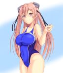  1girl alternate_breast_size blue_background blue_swimsuit breasts brown_eyes collarbone competition_swimsuit covered_navel cowboy_shot eyebrows_visible_through_hair gradient gradient_background hair_between_eyes highres johnston_(kantai_collection) kantai_collection large_breasts light_brown_hair long_hair looking_at_viewer montemasa one-piece_swimsuit solo standing swimsuit two-tone_swimsuit two_side_up 