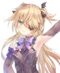  1girl arm_up bangs bare_shoulders blonde_hair blush bow bowtie breasts eyebrows_visible_through_hair eyepatch fischl_(genshin_impact) genshin_impact green_eyes hair_ornament highres long_hair looking_at_viewer one_eye_covered parufeito purple_bow simple_background small_breasts smile solo white_background 