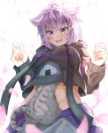  1girl absurdres ahoge animal_ear_fluff animal_ears black_hoodie blush breasts cat cat_ears cat_tail commentary cowboy_shot eyebrows_visible_through_hair fang groin highres hololive hood hoodie large_breasts light_purple_hair long_sleeves looking_down midriff nekomata_okayu onigiri_print open_mouth pants petals purple_pants raised_eyebrow short_hair simple_background skin_fang solo tail temari_(nekomata_okayu) tonntorotororo under_clothes violet_eyes virtual_youtuber white_background 