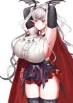  1girl absurdres artist_request bat_wings black_panties breasts cross cross_earrings draculina_(last_origin) earrings elbow_gloves gloves highres huge_breasts jewelry last_origin long_hair microskirt panties pointy_ears red_eyes silver_hair skirt thigh-highs two-tone_cape underwear vampire white_eyelashes wing_hair_ornament wings 