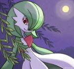  1girl bangs bob_cut closed_mouth colored_skin commentary flat_chest full_moon gardevoir gen_3_pokemon green_hair green_skin hair_over_one_eye happy highres looking_down moon multicolored multicolored_skin night outdoors pokemon pokemon_(creature) purple_sky red_eyes rorosuke short_hair smile solo two-tone_skin white_skin 