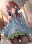  1girl :o absurdres bangs blue_cardigan blue_eyes blush breasts brown_hair brown_legwear cardigan curtains eyebrows_visible_through_hair from_below go-toubun_no_hanayome green_skirt hair_between_eyes headphones headphones_around_neck highres indoors kneeling large_breasts light_rays long_hair long_sleeves looking_at_viewer nakano_miku pantyhose pleated_skirt sheet_grab shirt skirt sleeves_past_wrists solo sunbeam sunlight toratora_(nanahaba) white_shirt 