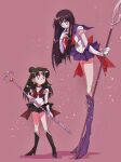  2girls age_switch bangs bishoujo_senshi_sailor_moon black_eyes black_hair black_skirt blue_skirt boots elbow_gloves gloves gold_headband hair_bun high_heel_boots high_heels highres holding holding_lance holding_polearm holding_staff holding_weapon lance long_hair long_legs looking_down looking_up magical_girl meiou_setsuna multiple_girls older open_mouth parted_bangs pink_background pochi_(askas_is_god) polearm red_eyes sailor_collar sailor_pluto sailor_saturn sailor_senshi_uniform silence_glaive skirt staff tomoe_hotaru weapon white_gloves younger 