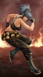  1girl bangs bare_shoulders belt biceps black_background black_gloves black_pants black_tank_top blue_eyes blue_hair boots breasts combat_boots earrings explosion fire gas_can gloves high_ponytail highres jewelry leona_heidern medium_breasts midriff military muscular muscular_female pants ponytail solo tank_top the_king_of_fighters the_king_of_fighters_xiii triangle_earrings x_chitch 