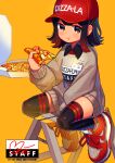  1girl absurdres bangs baseball_cap blush blush_stickers brown_eyes brown_hair chewing closed_mouth collared_shirt dress food full_body hair_ornament hairpin hat highres holding huge_filesize long_sleeves looking_at_viewer medium_hair moai_(more_e_4km) original pizza pizza-la pizza_slice red_footwear red_headwear red_shirt shiny shiny_clothes shiny_hair shiny_legwear shiny_skin shirt shoes sidelocks simple_background sitting sitting_on_object sneakers solo sweater sweater_dress swept_bangs thigh-highs yellow_background 