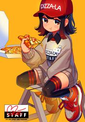  1girl absurdres bangs baseball_cap blush blush_stickers brown_eyes brown_hair chewing closed_mouth collared_shirt dress food full_body hair_ornament hairpin hat highres holding huge_filesize long_sleeves looking_at_viewer medium_hair moai_(more_e_4km) original pizza pizza-la pizza_slice red_footwear red_headwear red_shirt shiny shiny_clothes shiny_hair shiny_legwear shiny_skin shirt shoes sidelocks simple_background sitting sitting_on_object sneakers solo sweater sweater_dress swept_bangs thigh-highs yellow_background 