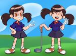  1girl :d ^_^ ball blue_background blue_sky brown_hair closed_eyes clouds collared_shirt day full_body gloves golf_ball golf_club golf_course grin hand_on_hip happy holding super_mario_bros. mario_golf multiple_views open_mouth orange_eyes outdoors plum_(mario) polo_shirt purple_shirt purple_shorts roxlyn166 shiny shiny_hair shirt shoes short_shorts short_sleeves shorts single_glove sky smile socks standing twintails upper_teeth v white_gloves white_legwear 
