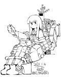 1girl dated gloves hatsuyuki_(kantai_collection) holding kantai_collection loafers long_hair looking_at_viewer monochrome radio_controller rigging shoes signature sitting socks solo task_(s_task80) torpedo_tubes twitter_username white_background 
