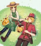  1boy 1girl adjusting_clothes adjusting_headwear animal apron artist_name belt blonde_hair boots brown_footwear brown_hair button_eyes cat closed_mouth collared_shirt dog emma_woods flower freckles gloves grass green_eyes hajime_(gitoriokawaii) hat holding identity_v lying on_back on_ground one_eye_closed red_headwear shirt short_hair smile stitched_mouth stitches stuffing twitter_username victor_grantz watch watch white_flower white_gloves white_shirt yellow_eyes 