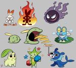  :3 aqua_skin black_eyes blue_skin body_fur bubble butter chikorita closed_eyes closed_mouth colored_sclera colored_skin creature eyelashes fangs fire flower food froakie full_body gen_2_pokemon gen_3_pokemon gen_6_pokemon gen_7_pokemon gen_8_pokemon green_skin grey_background gulpin happy lily_pad looking_at_viewer no_humans one_eye_closed open_mouth pancake plate pokemon pokemon_(creature) popplio purple_skin red_eyes rose roselia roxlyn166 scorbunny signature simple_background smile sparkle standing starter_pokemon white_fur yellow_sclera 