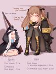  2girls :3 artist_name bare_legs bolt_action boots bow brown_hair cup dress english_text fur_trim girls_frontline gun h&amp;k_ump hair_bow hair_ornament hairclip hat height_difference highres hood hood_down hoodie iron_cross kar98k_(girls_frontline) knees_to_chest long_hair mauser_98 mug multiple_girls pantyhose peaked_cap pinky_out ragingcherrypie red_eyes rifle sitting smile submachine_gun ump9_(girls_frontline) very_long_hair weapon white_hair 