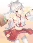  1girl animal_ears arms_up bangs blush breasts closed_mouth eyebrows_visible_through_hair floating_clothes floating_hair frills highres holding japanese_clothes long_hair looking_at_viewer miko mouse_ears navel original parufeito red_eyes sidelocks simple_background small_breasts smile solo stomach thigh-highs white_hair white_legwear 