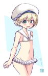  1girl bikini_skirt blue_eyes breasts commentary_request cowboy_shot hat highres higuchiaki kantai_collection looking_at_viewer microskirt pleated_skirt sailor_bikini sailor_collar sailor_hat short_hair silver_hair skirt small_breasts solo white_headwear white_sailor_collar white_skirt z1_leberecht_maass_(kantai_collection) 
