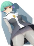  1girl arms_behind_back bangs blunt_bangs bodysuit breasts closed_mouth commentary_request eyelashes green_eyes green_hair grey_bodysuit highres looking_at_viewer pokemon pokemon_(game) pokemon_dppt short_hair solo team_galactic team_galactic_grunt team_galactic_uniform uniform upskirt yashima105 