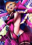  1girl absurdres black_legwear blonde_hair breasts capelet carol_malus_dienheim elbow_gloves garter_straps gloves hat highres large_breasts long_hair looking_at_viewer mole mole_under_eye older open_mouth ribs senki_zesshou_symphogear shiny shiny_hair shiny_skin side_cutout sideless_outfit skirt solo standing teeth thigh-highs usagits_00 wire 