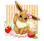  :3 animal_focus artist_name border bow cherry commentary eevee food fruit gen_1_pokemon hair_bow hand_up happy highres in_food looking_at_viewer no_humans open_mouth outline pawpads pink_bow pokemon pokemon_(creature) polka_dot polka_dot_bow raspberry rorosuke smile solo star_(symbol) straight-on striped striped_background tilted_headwear twitter_username violet_eyes whipped_cream white_border white_outline 