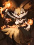  1girl :3 animal_ear_fluff animal_ears animal_nose arm_up artist_name black_fur blush body_fur braixen brown_background commentary fang fire flat_chest fox_ears fox_girl fox_tail gen_6_pokemon happy highres holding holding_stick ikei light_blush looking_at_viewer open_mouth pokemon pokemon_(creature) red_eyes signature simple_background smile snout solo standing stick tail white_fur yellow_fur 