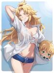 1girl ahoge arm_behind_head arm_up artoria_pendragon_(all) bangs blonde_eyebrows blonde_hair blue_background blue_shorts blush blush_stickers border breasts character_doll closed_eyes closed_mouth collarbone collared_shirt fang fang_out fate/apocrypha fate/stay_night fate_(series) food forehead gradient gradient_background green_eyes hair_pulled_back highres long_hair mordred_(fate) mordred_(fate)_(all) navel nesoberi no_bra onigiri parted_bangs photoshop_(medium) revision saber shirt short_shorts short_sleeves shorts small_breasts solo stuffed_toy thighs tonee white_border white_shirt
