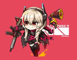  1girl artist_name assault_rifle blonde_hair chibi commission eyebrows_visible_through_hair fang girls_frontline gun hair_between_eyes headgear hepari highres holding holding_gun holding_weapon long_hair m4_carbine m4_sopmod_ii m4_sopmod_ii_(girls_frontline) megaphone mod3_(girls_frontline) multicolored_hair red_background red_eyes rifle ro635_(dinergate) running smile streaked_hair thigh-highs weapon 