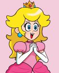  1girl aqua_eyes blonde_hair blush crown dress earrings elbow_gloves gloves hands_clasped highres interlocked_fingers jewelry long_hair looking_ahead looking_away super_mario_bros. mini_crown open_mouth outline own_hands_together parody pink_background pink_dress princess_peach puffy_short_sleeves puffy_sleeves roxlyn166 short_sleeves simple_background smile solo super_mario_bros. white_gloves white_outline 