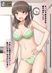  1girl bra breasts brown_hair clock green_bra green_eyes green_panties green_scrunchie hair_ornament hair_scrunchie indoors large_breasts long_hair nakamura_sumikage navel one_side_up original panties scrunchie solo speech_bubble translation_request underwear underwear_only 