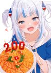  1girl :d blue_eyes blue_hair blush candle commentary eyebrows_visible_through_hair food gawr_gura hair_ornament highres hololive hololive_english looking_at_viewer medium_hair milestone_celebration multicolored_hair open_mouth plate pn_(wnsl216) sharp_teeth silver_hair simple_background smile solo streaked_hair teeth two_side_up upper_body virtual_youtuber white_background youtube_logo 
