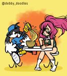  animal_ears blue_hat blue_pants blue_shirt cat_ears cat_tail chair cleavage cleavage_cutout crossover debby_doodles full_body kaze_no_klonoa klonoa legs perisie_(star_ocean) pink_hair ramen red_shoes star star_ocean table thigh yellow_gloves 