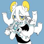  1girl animal_ears black_shirt blue_background blue_eyes colored_sclera flower_tattoo hair_between_eyes hands_up highres living_hair looking_at_viewer midriff navel original panapana paws shirt short_sleeves simple_background solo tattoo upper_body yellow_sclera 