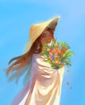  1girl blue_background brown_hair character_request closed_eyes commentary copyright_request english_commentary flower from_side hat holding holding_flower long_hair maro_(lij512) open_mouth petals robe simple_background smile solo standing wind 