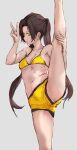  arm_up bikini black_hair breasts chamsaechi closed_mouth highres looking_at_viewer original pants standing standing_on_one_leg swimsuit twintails underwear upper_teeth victory_pose yellow_bikini yellow_eyes yellow_pants 