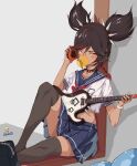  2girls alternate_costume black_choker black_hair black_legwear blue_skirt bubble_blowing chibi chibi_inset choker crop_top crop_top_overhang dark_skin electric_guitar eyeshadow fischl_(genshin_impact) genshin_impact guitar headphones highres holding instrument kkry99 knee_up long_hair looking_at_viewer makeup midriff miniskirt multicolored_hair multiple_girls neckerchief pleated_skirt sailor_collar school_uniform serafuku shirt short_sleeves sitting skirt solo_focus spiked_choker spikes streaked_hair thigh-highs twintails white_shirt xinyan_(genshin_impact) yellow_eyes zettai_ryouiki 