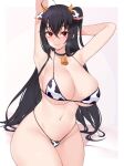  1girl ahoge animal_ears animal_print arms_up azur_lane bangs bare_shoulders bell black_hair breasts collarbone commentary cow_ears cow_horns cow_print cowbell cowboy_shot crossed_bangs eyebrows_visible_through_hair eyelashes groin hair_between_eyes heavy_breathing horns kuavera long_hair looking_at_viewer navel parted_lips red_eyes skindentation smile solo string_bikini taihou_(azur_lane) thick_thighs thighs under_boob 
