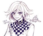  2boys bangs checkered checkered_background checkered_scarf chibi chibi_inset dangan_ronpa_(series) dangan_ronpa_v3:_killing_harmony hair_between_eyes jacket looking_at_viewer male_focus monochrome multiple_boys open_mouth ouma_kokichi plant potted_plant raonal97 saihara_shuuichi scarf short_hair smile straitjacket sweat translation_request upper_body 